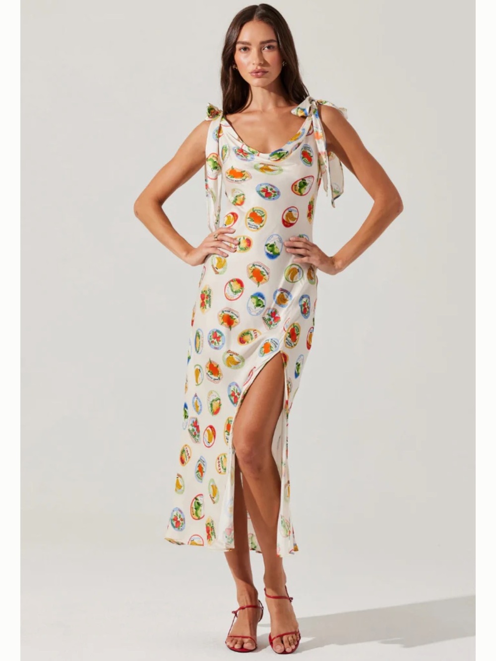 ASTR the Label Allexina Satin Midi Dress Ivory & Fruit Cocktail Size Medium NWT